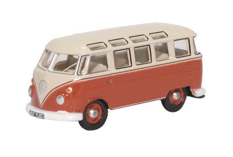 Oxford Diecast 76VWS001 VW T1 Samba Bus Sealing Wax Red Beige Grey Front And Side