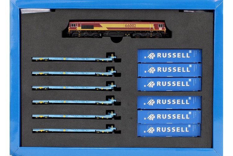 dapol-2d-007-011-class-66-66002-ews-db-brand-with-6-megafrets-and-6-x-45foot-russell-containers-box