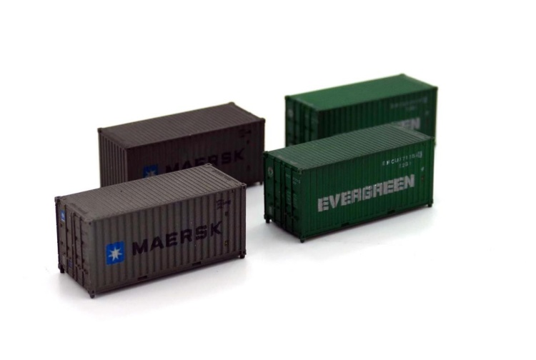 gaugemaster-da2f-028-201-20ft-evergreen-and-maersk-containers-4-pack-weathered-n-gauge
