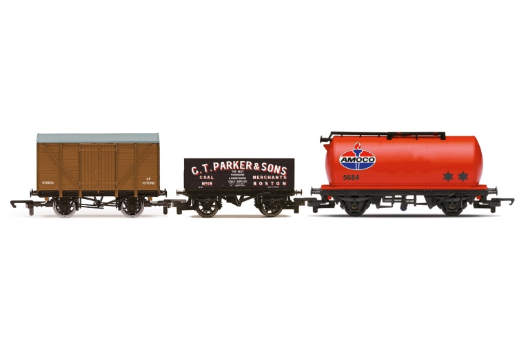 Hornby R60048 RailRoad Triple Wagon Pack, Mixed Wagons with Box Van