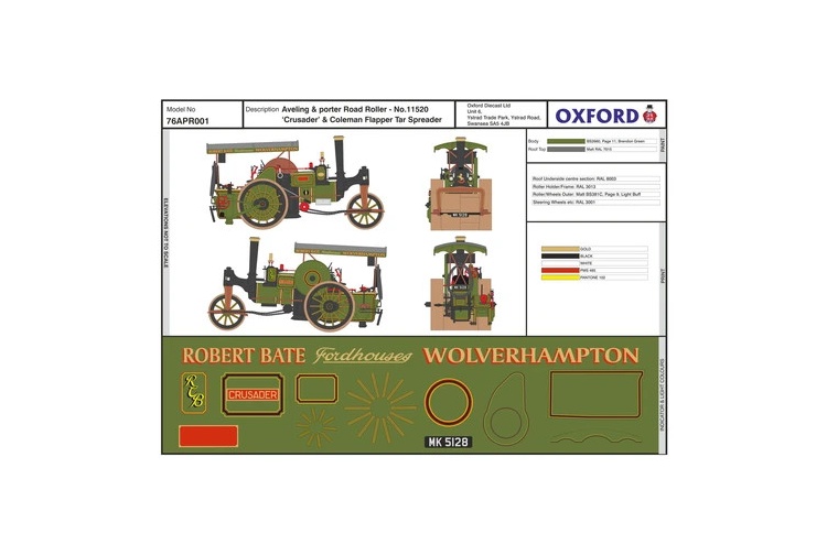 Oxford Diecast 76APR001 Aveling and Porter Roller And Tar Spreader - No 11520 Road Roller Datasheet